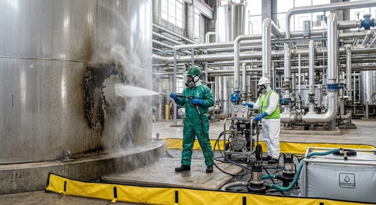 High pressure water jet cleaning industrial facility